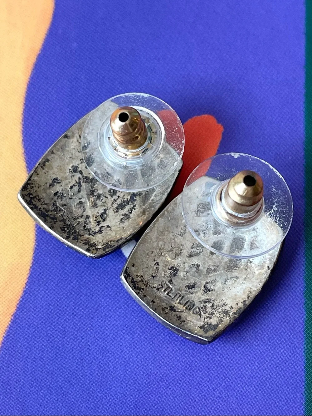 Vintage stamped sterling silver & blue green opal (?) inlay earrings